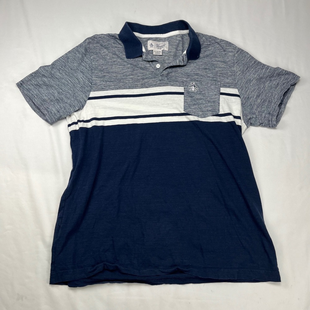Original Penguin Mens XL Polo Shirt Blue White Striped Colorblock Cotton RT25368